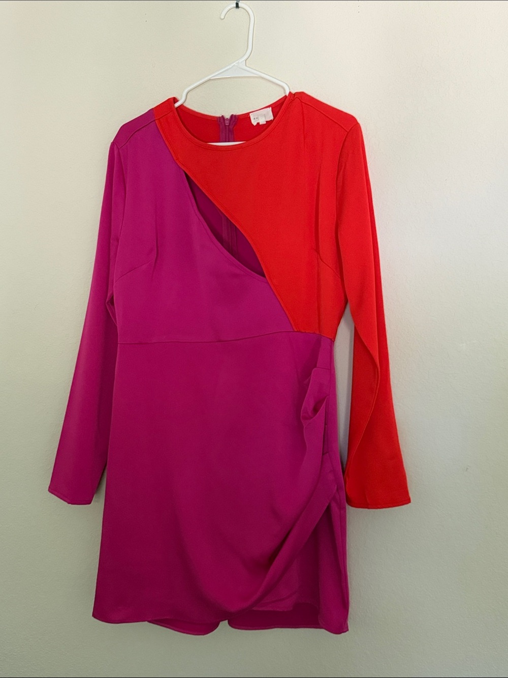 Cutout Colorblock Long-Sleeve Dress in Pink and Red